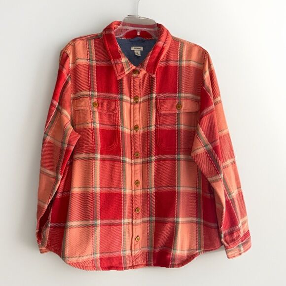 LL Bean Womens 1912 Overshirt Plaid Shacket Heavy Shirt Jacket Coral XL Petite - Picture 1 of 16